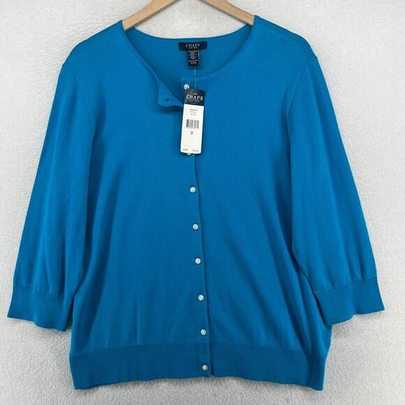 CHAPS Sweater 2X Cardigan Button Front 3/4 Sleeve Cotton Blue NEW - Picture 1 of 13